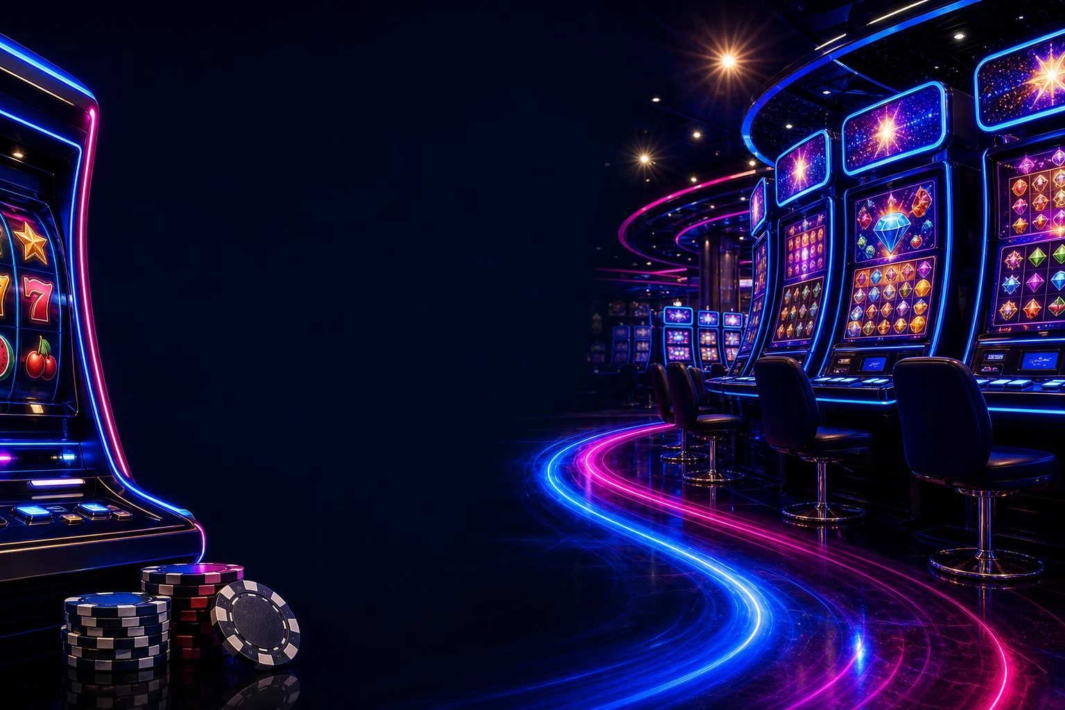Electric blue and magenta casino slot floor prepared for the Spin and Win slots guide